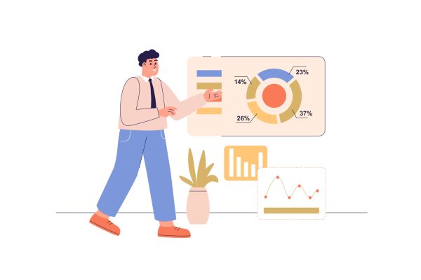 Business statistic web concept with people scene. Man analyzing data at charts and diagrams at presentation board, making financial report. Character situation in flat design. Vector illustration.